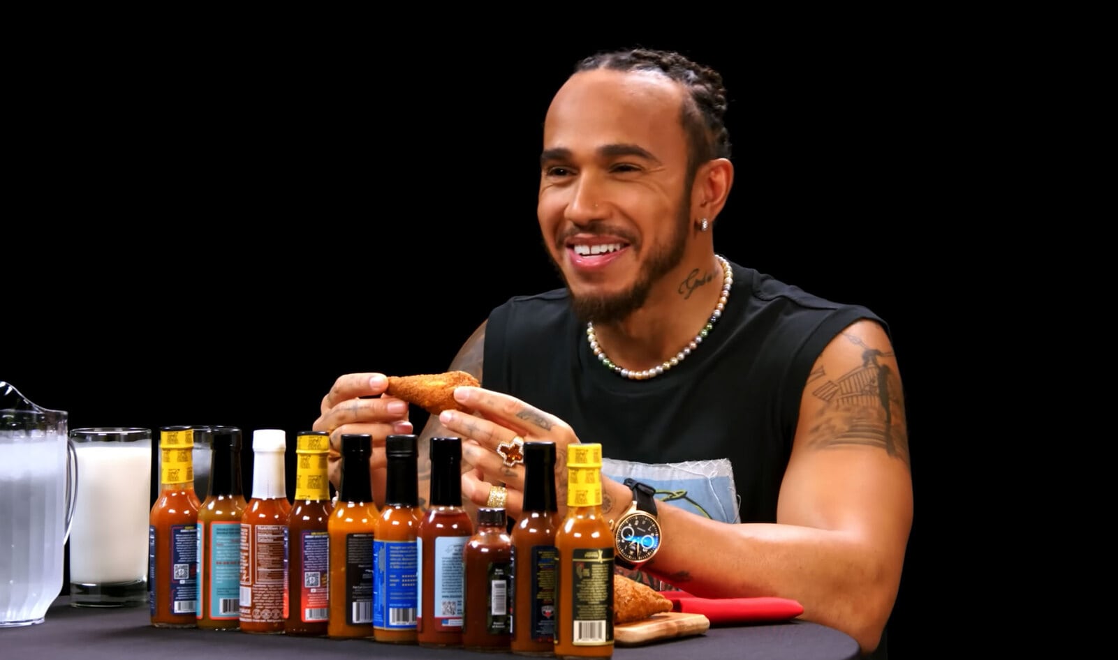 Lewis Hamilton and 34 Other Celebrities Who Made It to Level 10 on 'Hot Ones' Eating Only Vegan Wings