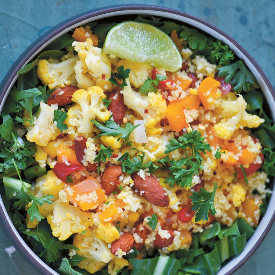Chili-Lime Cauliflower Bowl With Couscous and Collard Greens