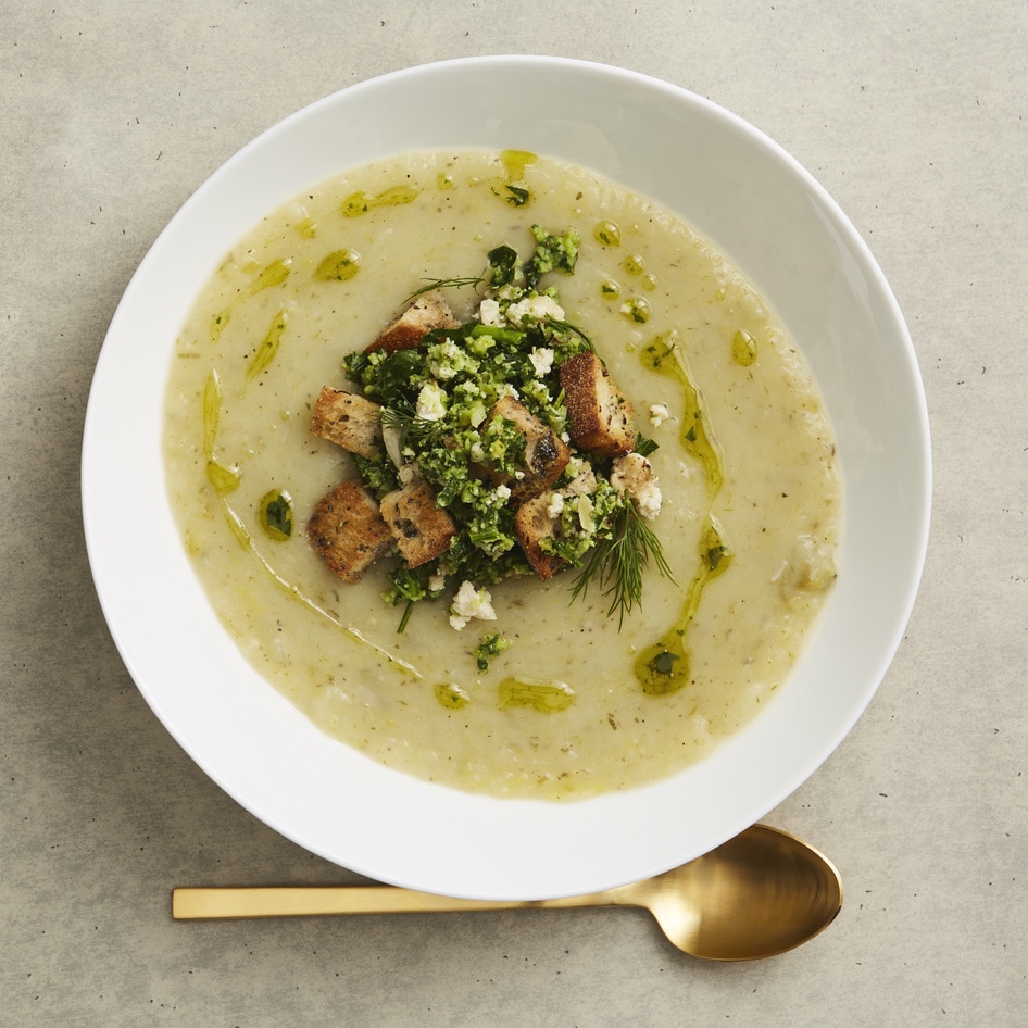 Plant-Based Potato Leek Soup With Broccoli Gremolata
