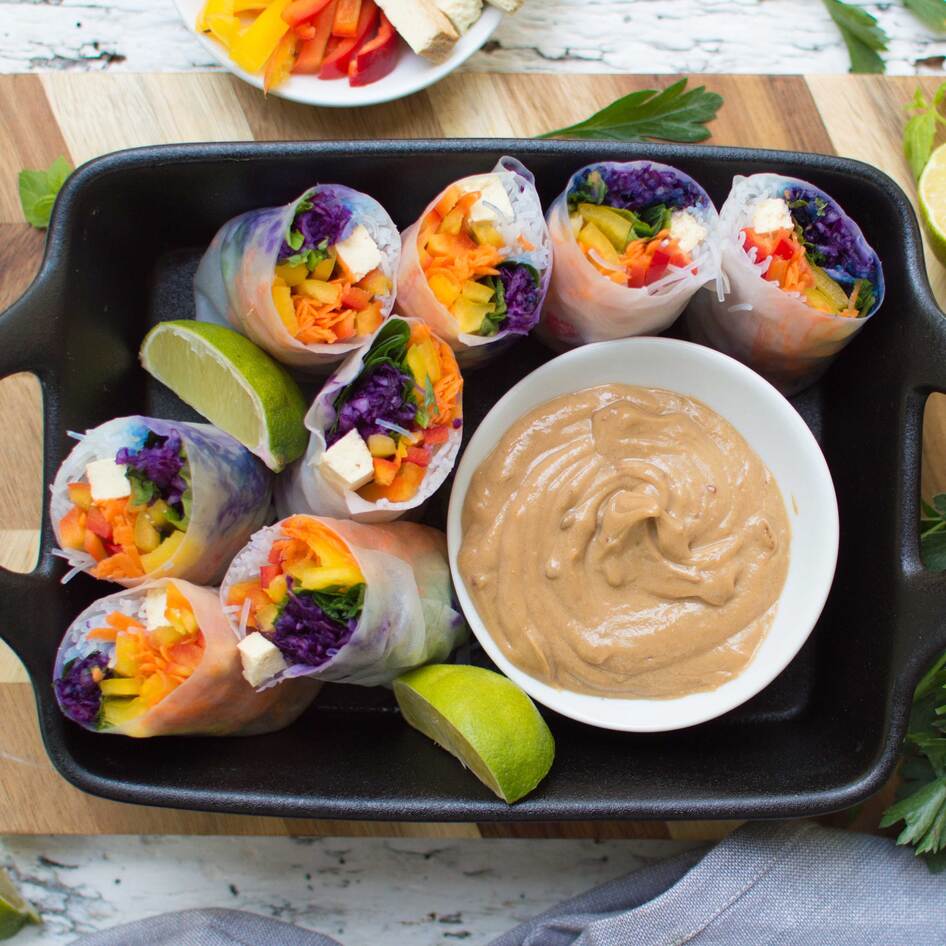 Fresh Rainbow Spring Rolls With Peanut Dipping Sauce