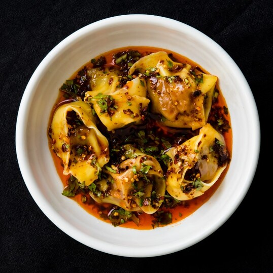 Plant-Based Mushroom Wontons in Sichuan Chili Oil