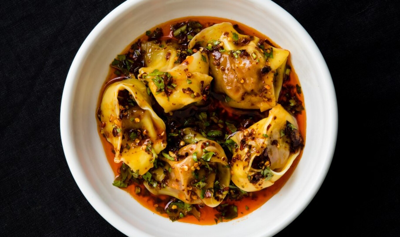 Plant-Based Mushroom Wontons in Sichuan Chili Oil