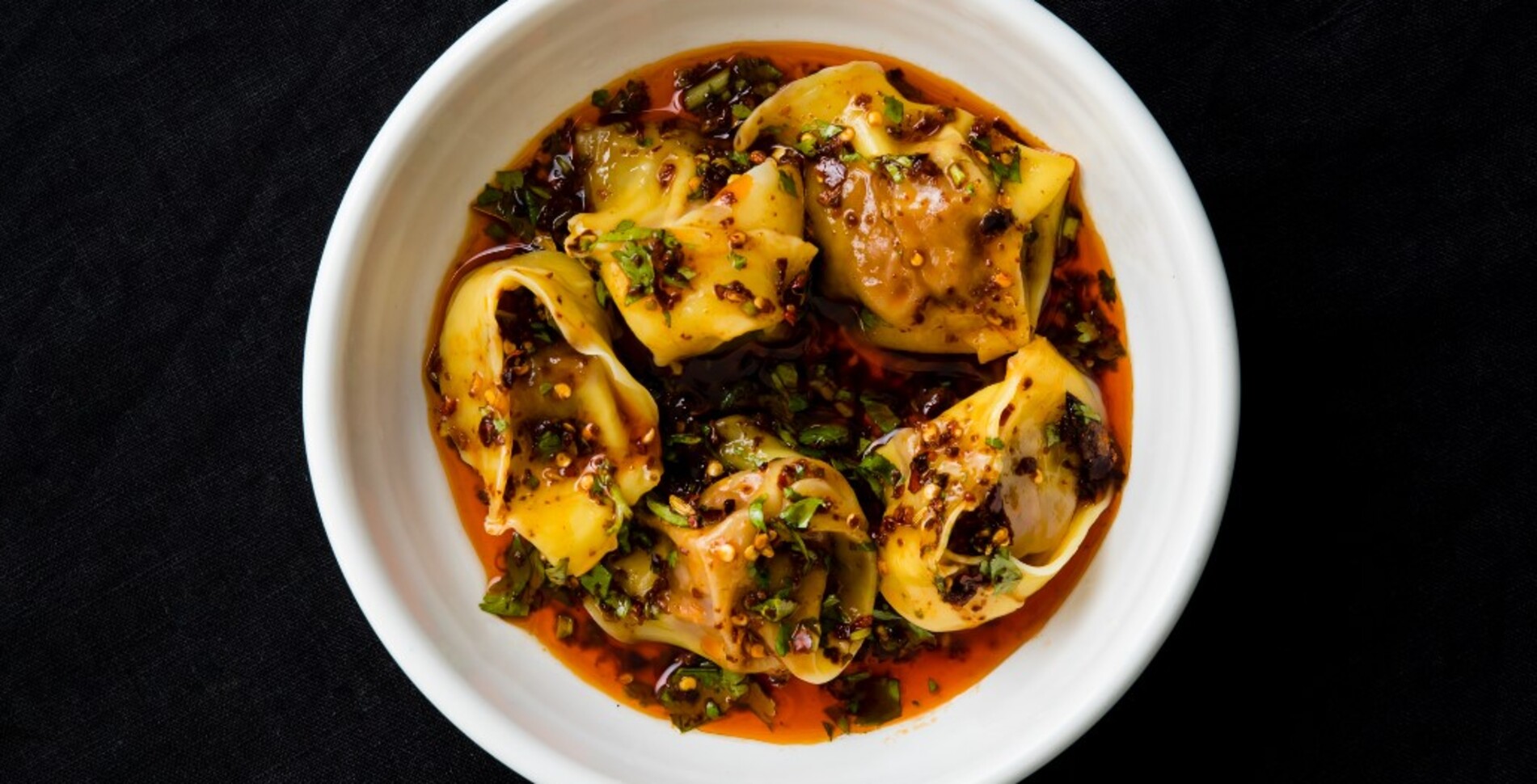 Plant-Based Mushroom Wontons in Sichuan Chili Oil